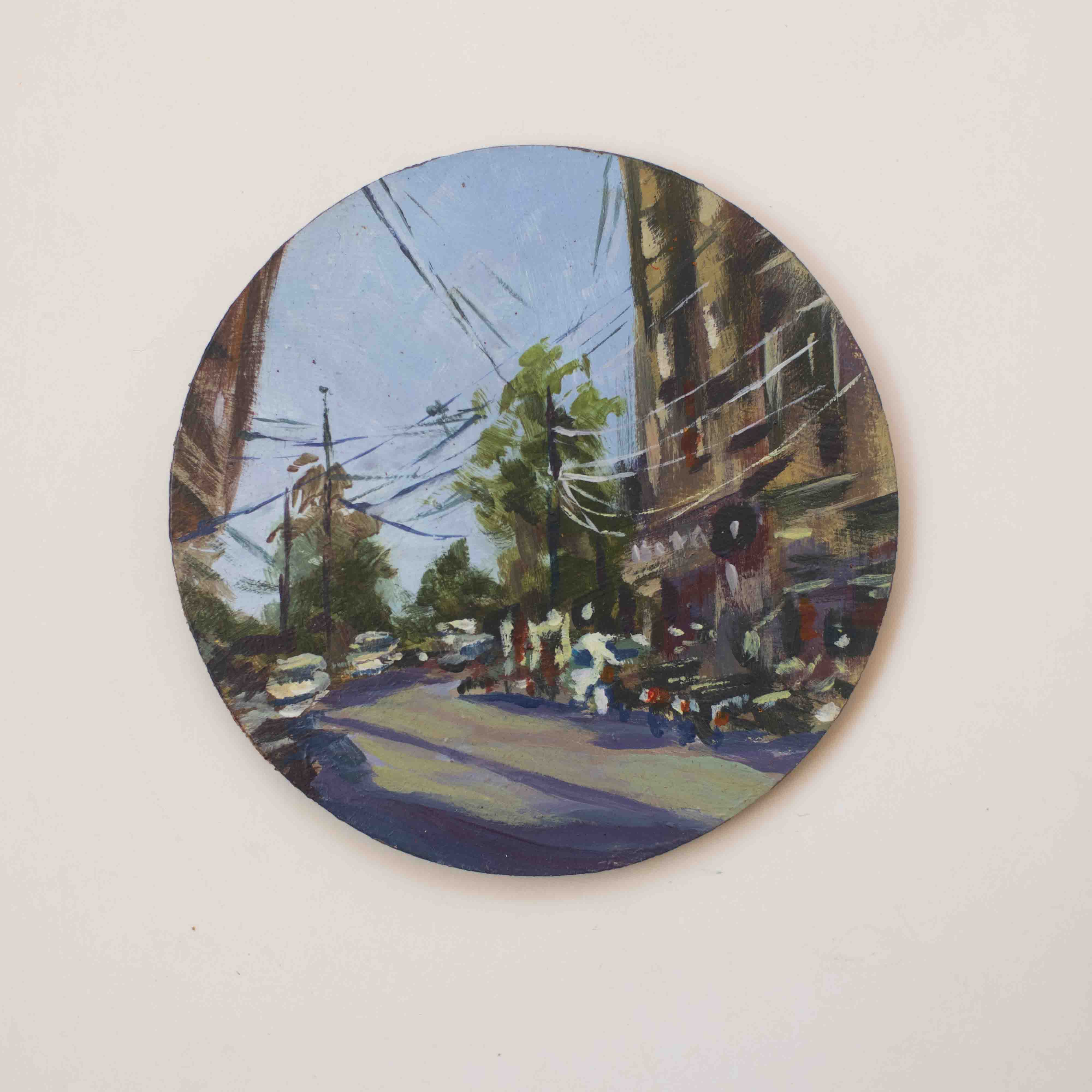 Acrylic on round wood panel, 4 in