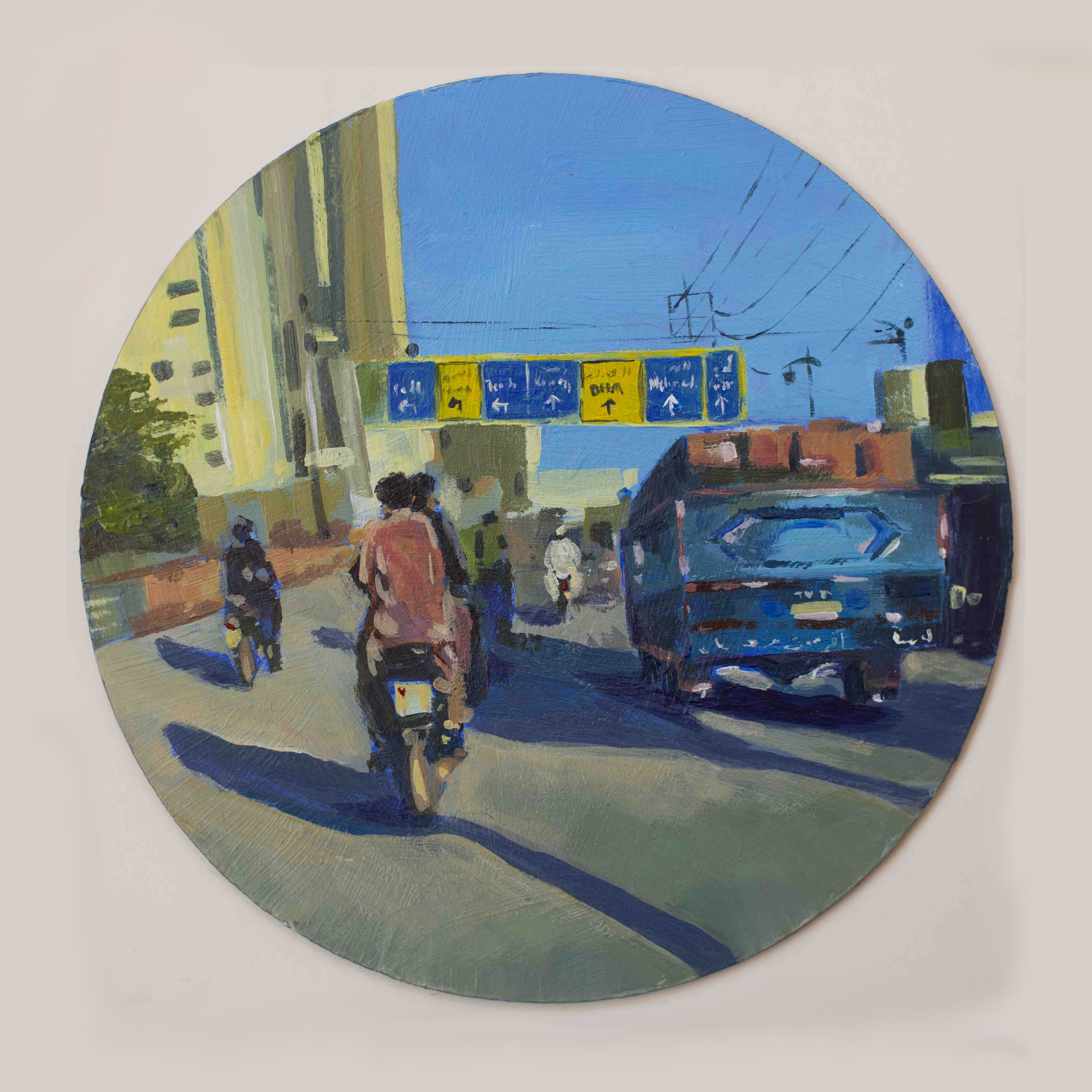 Acrylic on round wood panel, 6 in